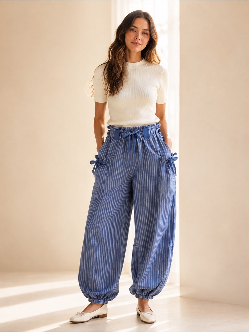 Very J Blue Stripe Drawstring Wide Leg Pants NWT